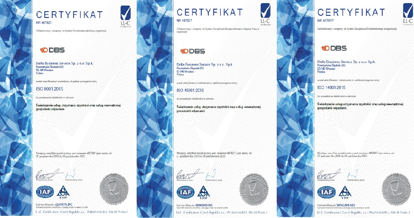 DBS otrzymuje potrójny certyfikat ISO w zakresie świadczenia usług utrzymania czystości oraz usług wewnętrznej gospodarki odpadami